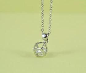 Cube Cubic Zirconia Charm Necklace