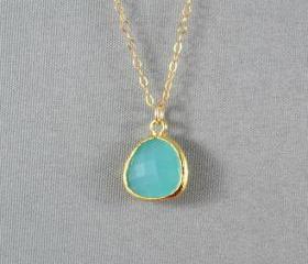 Aquamarine Glass Necklace, Gold Plated Bezel Charm, 14K Gold Filled Chain, Beautiful Necklace