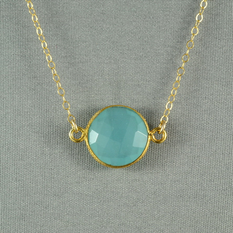 Aqua Blue Chalcedony Necklace, 24K Gold Vermeil Bezel, 14K Gold Filled